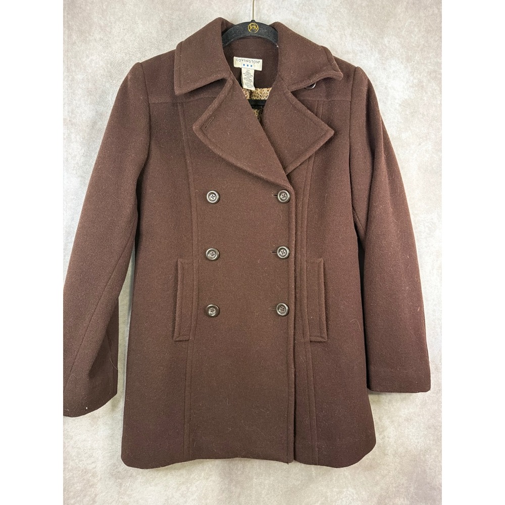 Covington Pea Coat Women Small Brown Wool Blend Double Breasted Leopard Lining